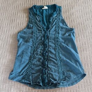 100% Cotton Meadow Rue Teal Lace-Trim Button Tank
